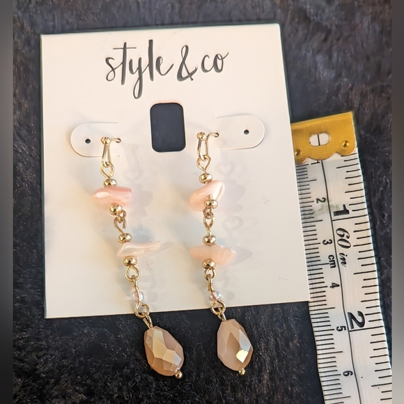 Style & Co. Dangle Gold Rose Quartz  Pink Peachy Stone Crystal Drop Earrings New - Picture 5 of 6